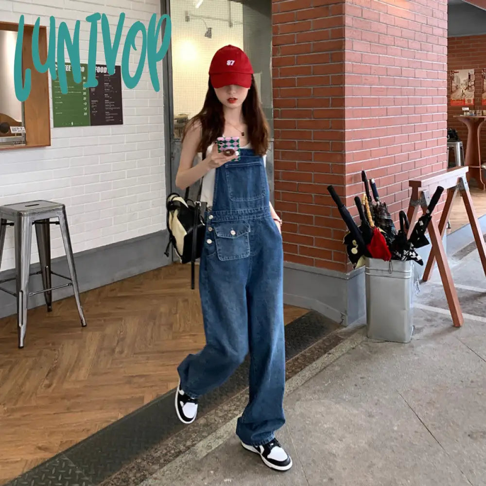 90s streetwear American Retro Suspender Jeans Women's Spring New Loose Slimming Straight Age-Reducing Wide Leg Ins Trousers