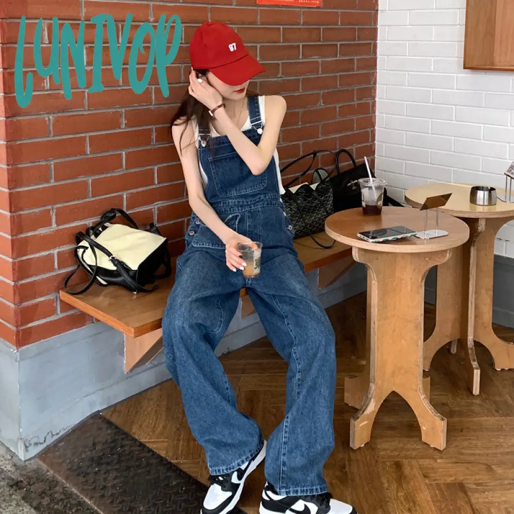 90s streetwear American Retro Suspender Jeans Women's Spring New Loose Slimming Straight Age-Reducing Wide Leg Ins Trousers