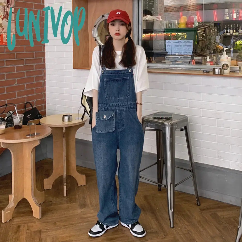 90s streetwear American Retro Suspender Jeans Women's Spring New Loose Slimming Straight Age-Reducing Wide Leg Ins Trousers