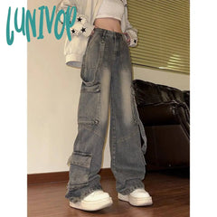 90s streetwear American Retro Workwear Jeans Women's Autumn Hot Girl High Street Loose Slimming High Waist Straight Wide Leg Pants