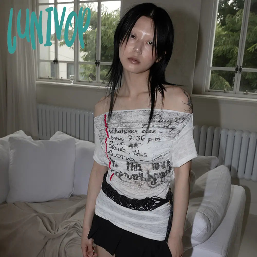 90s streetwear American Street Gothic Blooming Graffiti Printed off-Shoulder off-Shoulder Waist Knitted Top Retro Niche Bottoming Shirt