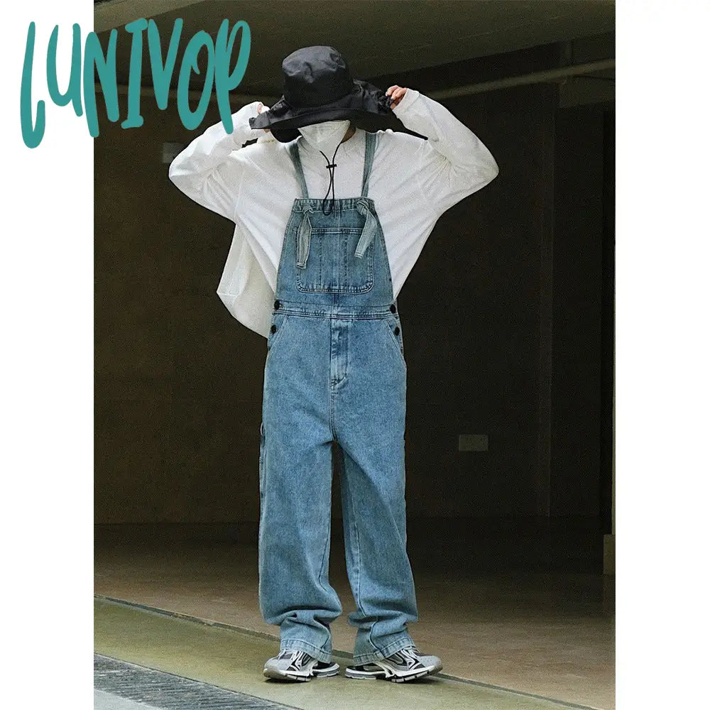 90s streetwear Early Autumn New Style American Retro High Waist Wide Leg Denim Suspender Pants Loose Slimming Washed Age-Reducing Mopping Trousers for Women