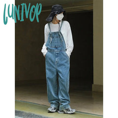 90s streetwear Early Autumn New Style American Retro High Waist Wide Leg Denim Suspender Pants Loose Slimming Washed Age-Reducing Mopping Trousers for Women