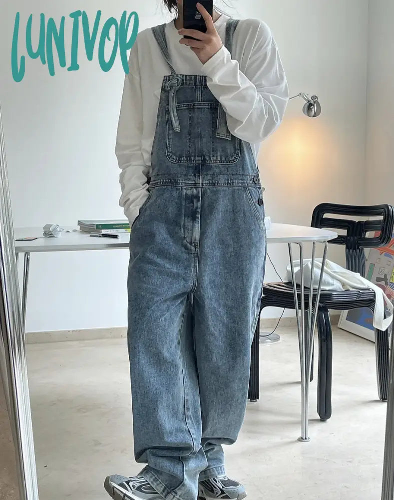 90s streetwear Early Autumn New Style American Retro High Waist Wide Leg Denim Suspender Pants Loose Slimming Washed Age-Reducing Mopping Trousers for Women