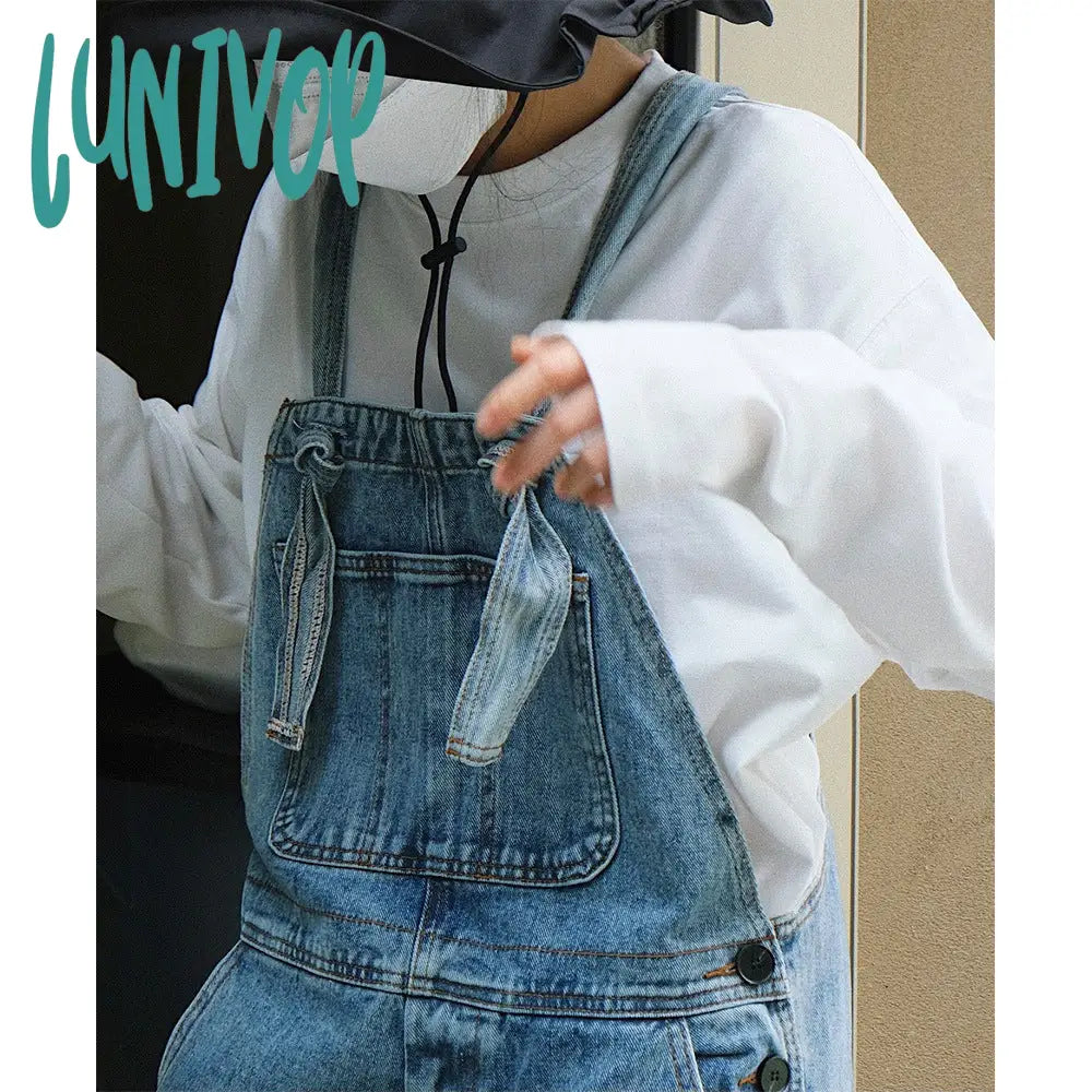 90s streetwear Early Autumn New Style American Retro High Waist Wide Leg Denim Suspender Pants Loose Slimming Washed Age-Reducing Mopping Trousers for Women