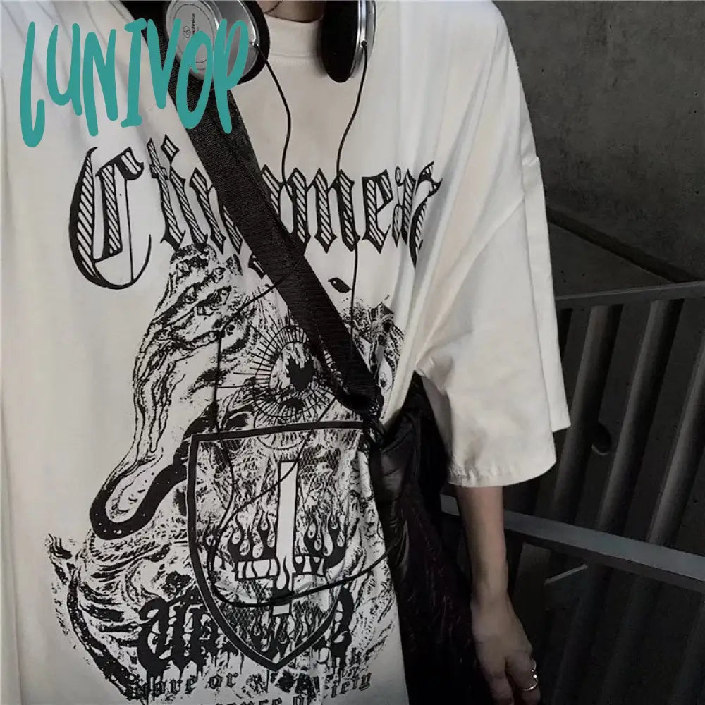 90s streetwear INS Dark Street Hip Hop Personality All-Match Loose round Neck Short Sleeve T-shirt Dark