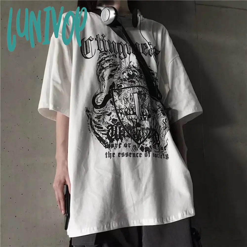 90s streetwear INS Dark Street Hip Hop Personality All-Match Loose round Neck Short Sleeve T-shirt Dark