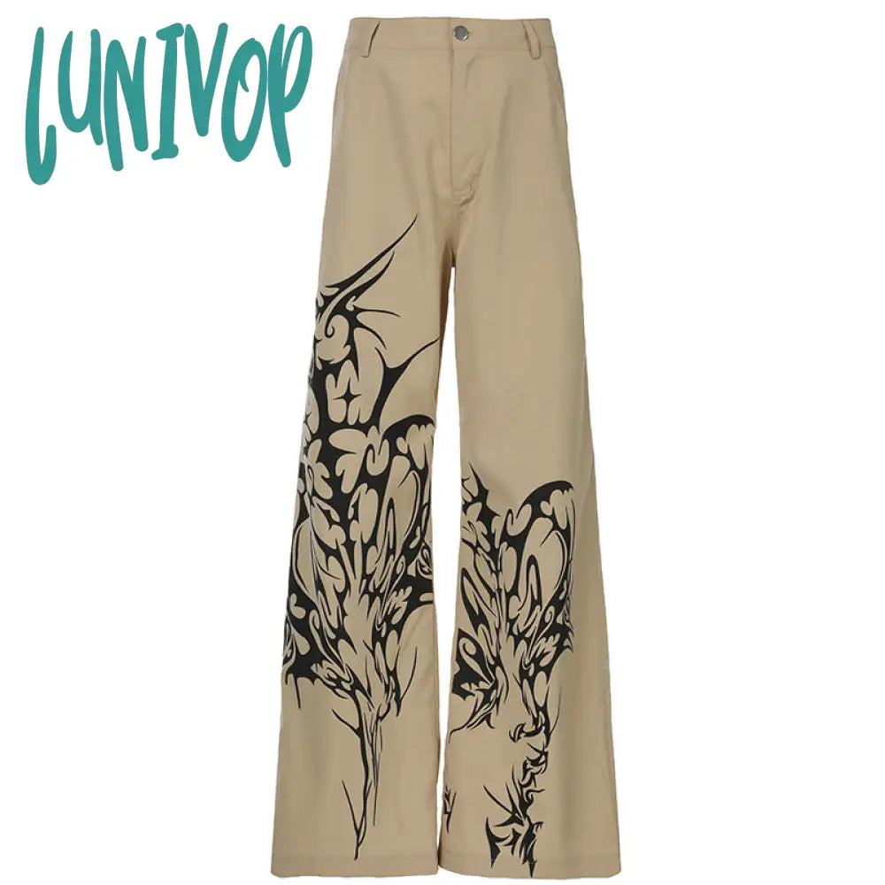 90s streetwear Millennium Style Niche Abstract Printed Woven Wide-Leg Pants Y2g Hot Girl Street Personality Loose Slimming Casual Trousers