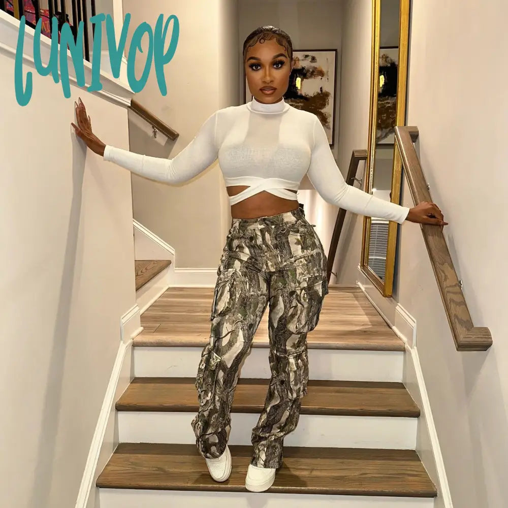 90s streetwear New Street Hipster Stitching Camouflage Printed High Waist Contrast Color Casual Pants
