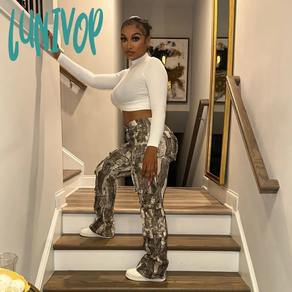 90s streetwear New Street Hipster Stitching Camouflage Printed High Waist Contrast Color Casual Pants