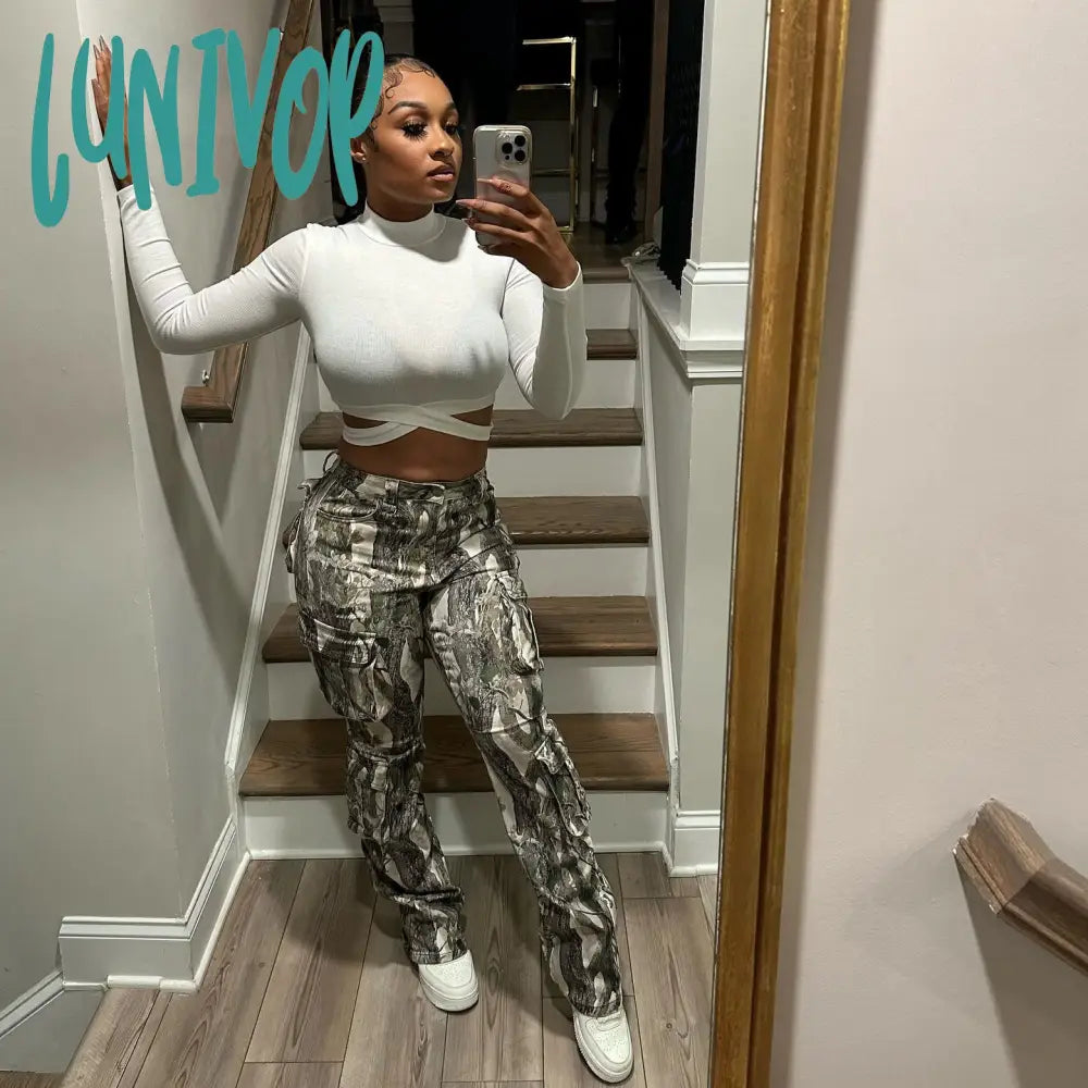 90s streetwear New Street Hipster Stitching Camouflage Printed High Waist Contrast Color Casual Pants