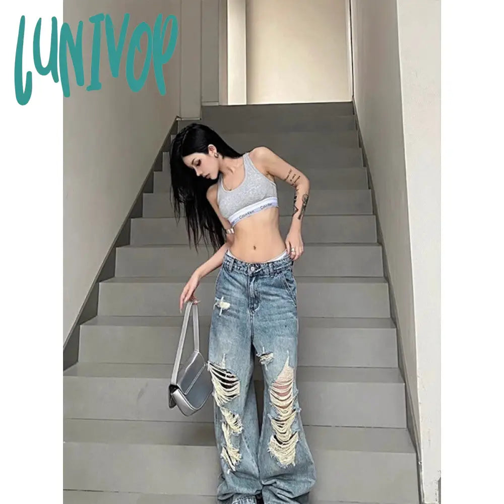 90s streetwear Niche Loose Slimming Ripped Wide-Leg Pants 2024 Summer New American Chic High Street Fashion High Waist Mopping Pants
