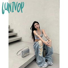 90s streetwear Niche Loose Slimming Ripped Wide-Leg Pants 2024 Summer New American Chic High Street Fashion High Waist Mopping Pants