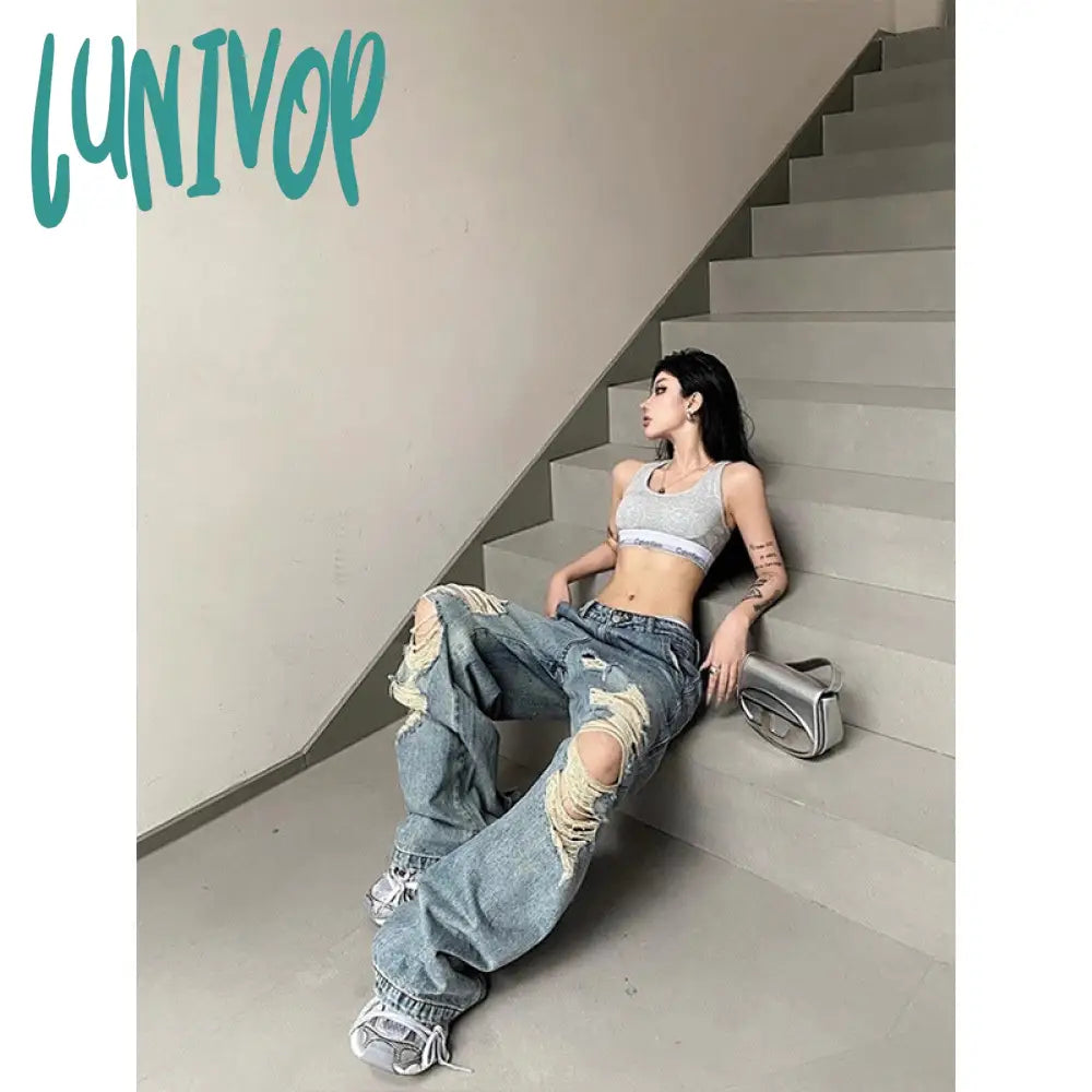 90s streetwear Niche Loose Slimming Ripped Wide-Leg Pants 2024 Summer New American Chic High Street Fashion High Waist Mopping Pants