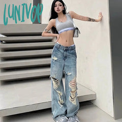 90s streetwear Niche Loose Slimming Ripped Wide-Leg Pants 2024 Summer New American Chic High Street Fashion High Waist Mopping Pants