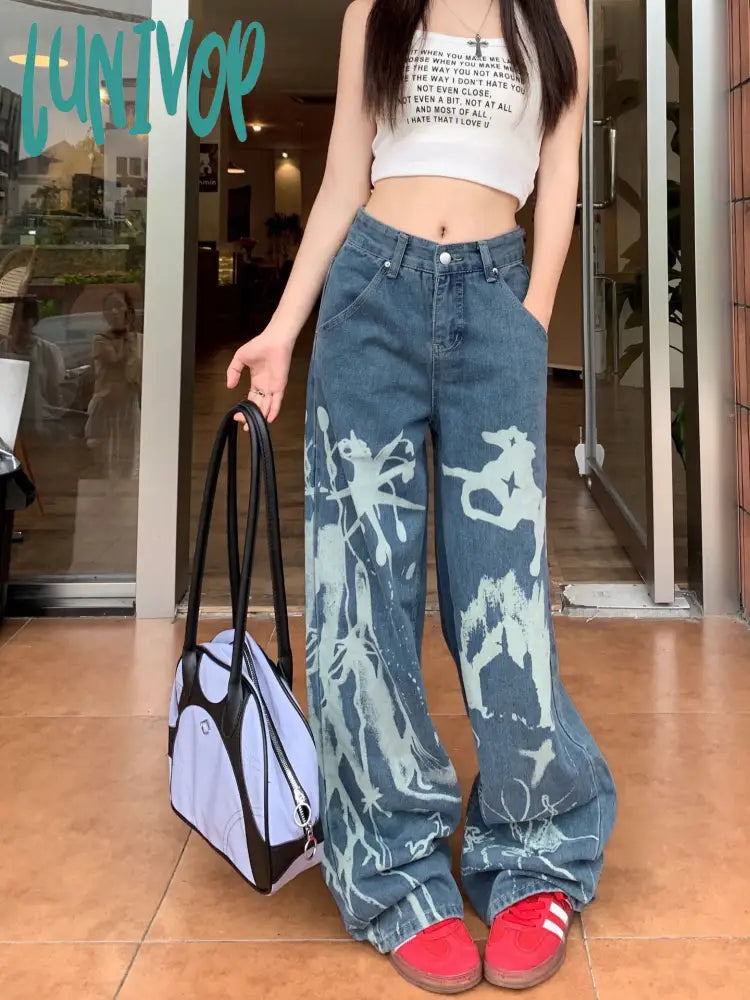 90s streetwear Personalized Printed Pattern Jeans for Women New Washed Distressed High Waist Loose All-Match Straight Trousers Fashion