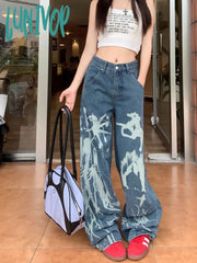 90s streetwear Personalized Printed Pattern Jeans for Women New Washed Distressed High Waist Loose All-Match Straight Trousers Fashion