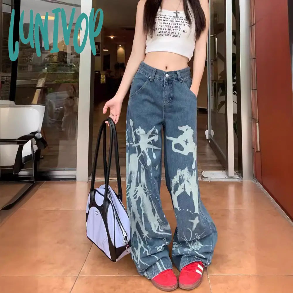 90s streetwear Personalized Printed Pattern Jeans for Women New Washed Distressed High Waist Loose All-Match Straight Trousers Fashion