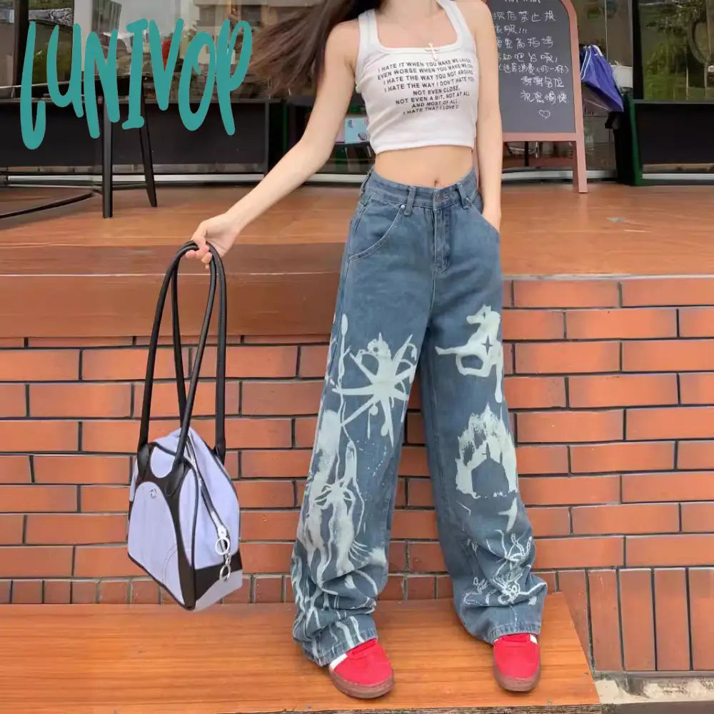 90s streetwear Personalized Printed Pattern Jeans for Women New Washed Distressed High Waist Loose All-Match Straight Trousers Fashion