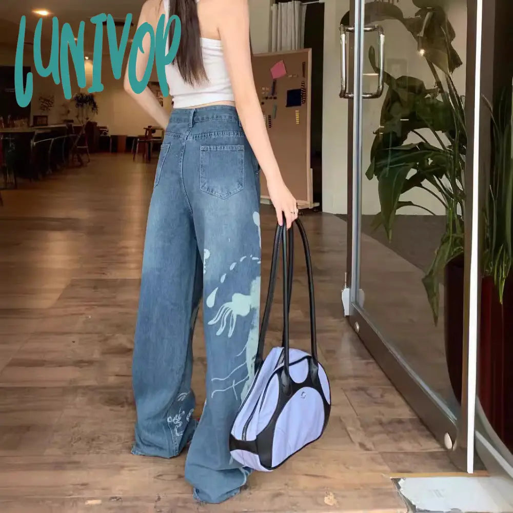 90s streetwear Personalized Printed Pattern Jeans for Women New Washed Distressed High Waist Loose All-Match Straight Trousers Fashion