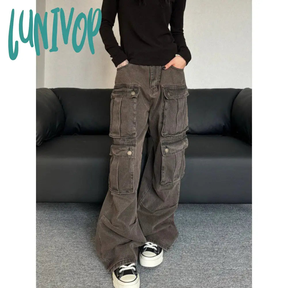 90s streetwear Plus Size American Retro Distressed Washed Multi-Pocket Workwear Jeans Women's Street Ruffle Handsome Loose Casual Pants Fashion