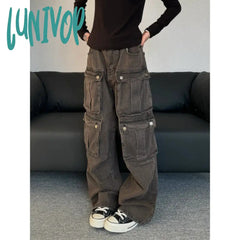 90s streetwear Plus Size American Retro Distressed Washed Multi-Pocket Workwear Jeans Women's Street Ruffle Handsome Loose Casual Pants Fashion