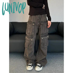 90s streetwear Plus Size American Retro Distressed Washed Multi-Pocket Workwear Jeans Women's Street Ruffle Handsome Loose Casual Pants Fashion