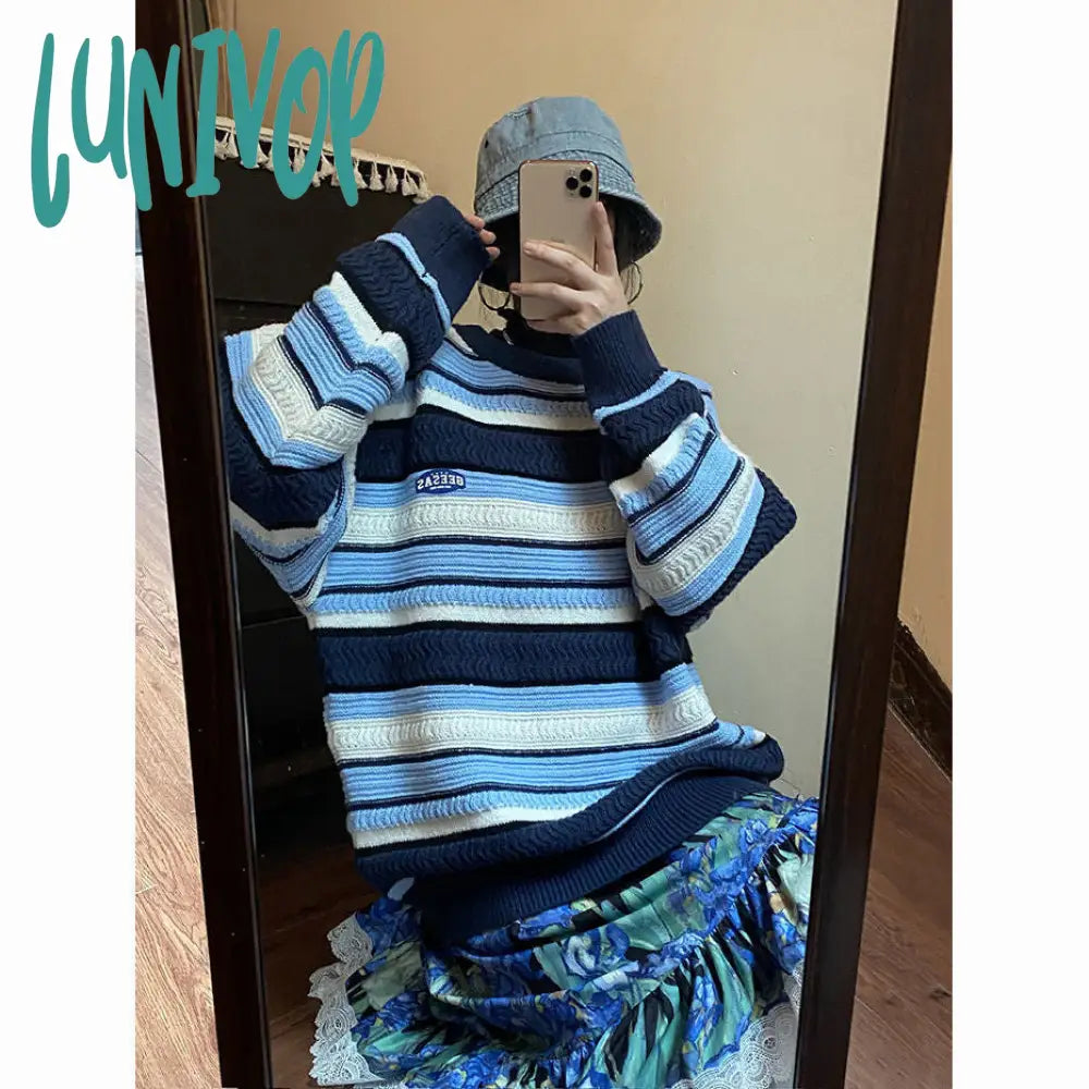 90s streetwear Retro American Sweater Women's round Neck Chic Korean Style Striped Sweater Lazy Style Autumn Women's Fashion