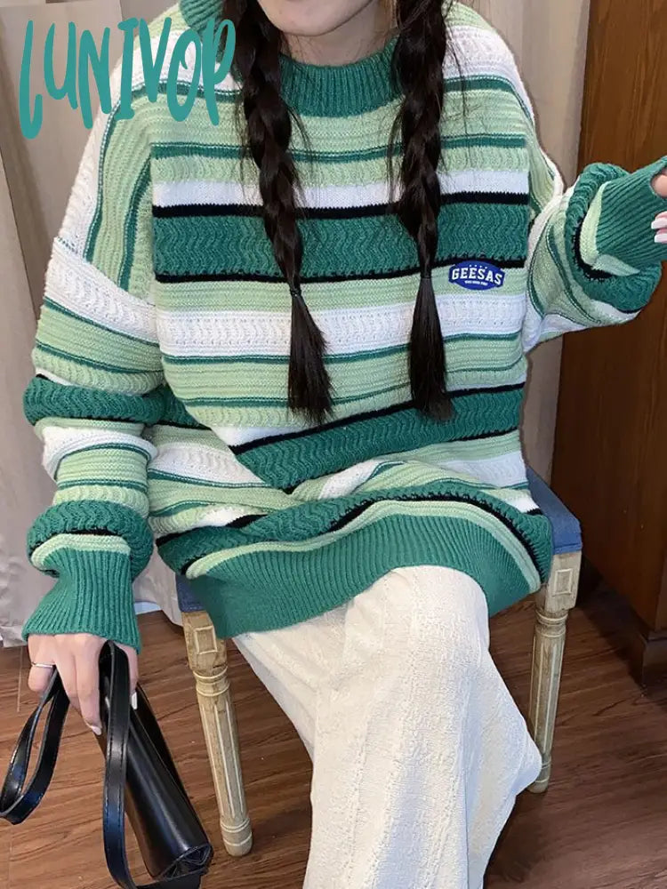 90s streetwear Retro American Sweater Women's round Neck Chic Korean Style Striped Sweater Lazy Style Autumn Women's Fashion