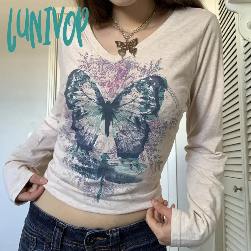 90s streetwear Women's Butterfly Print T-shirt Chicken Collar Top Long Sleeve Short Outer Wear Hot Girl Y2K Inner Wear