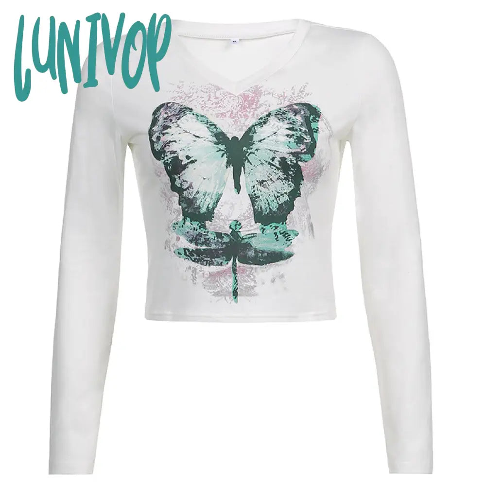 90s streetwear Women's Butterfly Print T-shirt Chicken Collar Top Long Sleeve Short Outer Wear Hot Girl Y2K Inner Wear