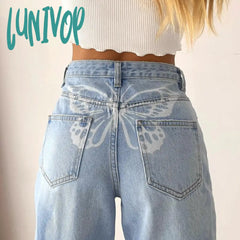 90s streetwear Women's High Waist Printed Jeans