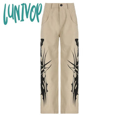 90s streetwear Workwear Ink Style Printing Personalized Design Hot Girl Woven Casual Pants Lazy High Waist Draping Straight Pants