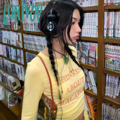 Lunivop 90S Vintage Letter Print Yellow Baby Tees Women Autumn Y2K Street Style Basic O-Neck Long