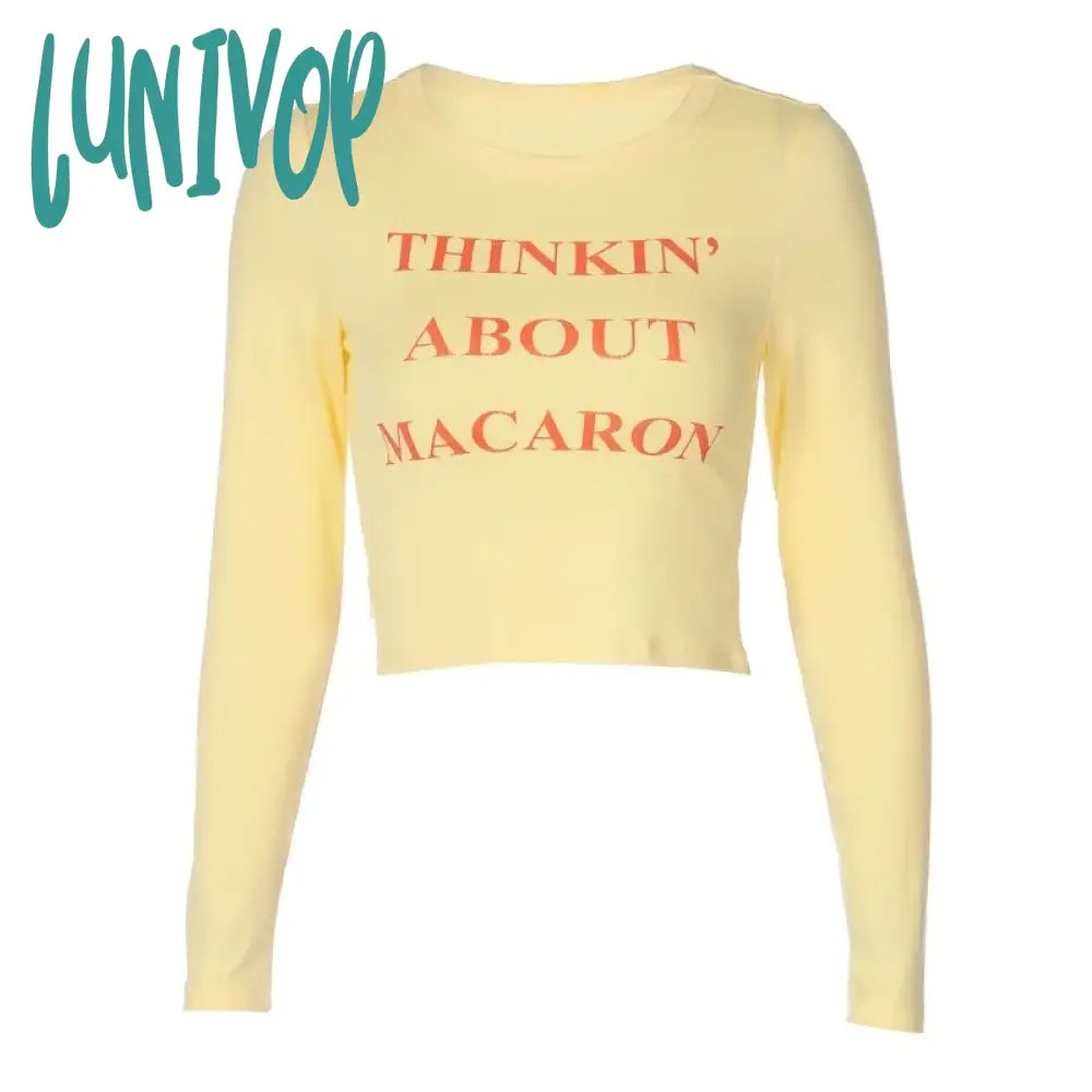 Lunivop 90S Vintage Letter Print Yellow Baby Tees Women Autumn Y2K Street Style Basic O-Neck Long