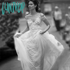 Lunivop A Line Boat Neck Wedding Dress For Women See Through Tulle Bridal Gown With Lace Floral