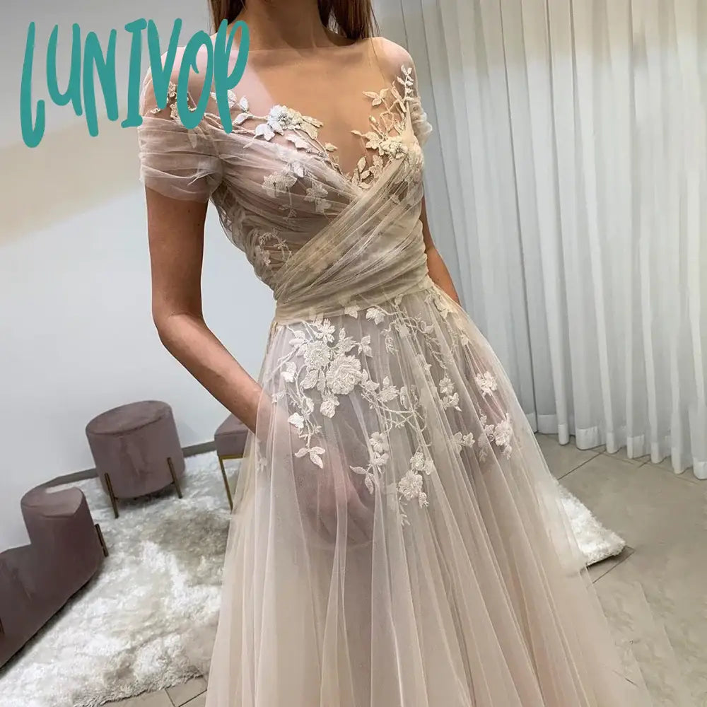 Lunivop A Line Boat Neck Wedding Dress For Women See Through Tulle Bridal Gown With Lace Floral
