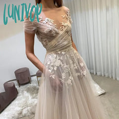 Lunivop A Line Boat Neck Wedding Dress For Women See Through Tulle Bridal Gown With Lace Floral