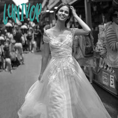 Lunivop A Line Boat Neck Wedding Dress For Women See Through Tulle Bridal Gown With Lace Floral