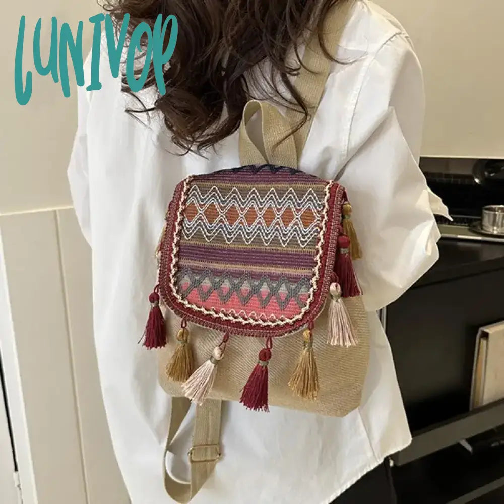 Lunivop Aesthetic Design Womens Backpack Fashion Tassels Small Canvas Bag 2024 Trend Light Weight