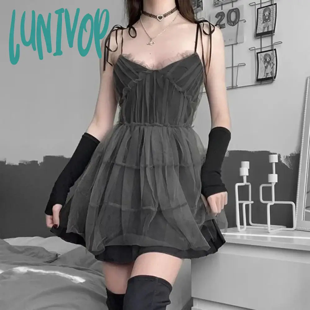 Lunivop Aesthetic Y2K Emo Sexy Dress Women Streetwear Harajuku Cute Spaghetti Strap High Waist Soft