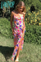 alien invasion dress to impress New off-Neck Backless Sequined Floral Gold Chain Women's Split Dress