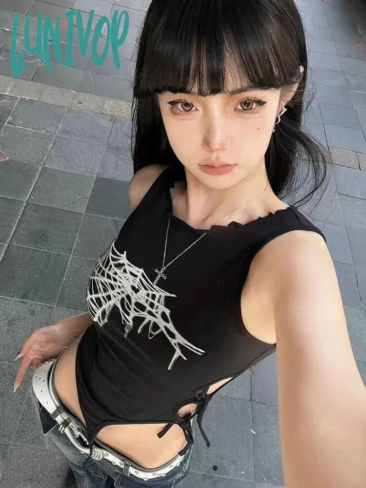 Lunivop American Punk Black Web Print Camisole Vests Summer New Slim Fit Lace Up T-Shirts Y2K