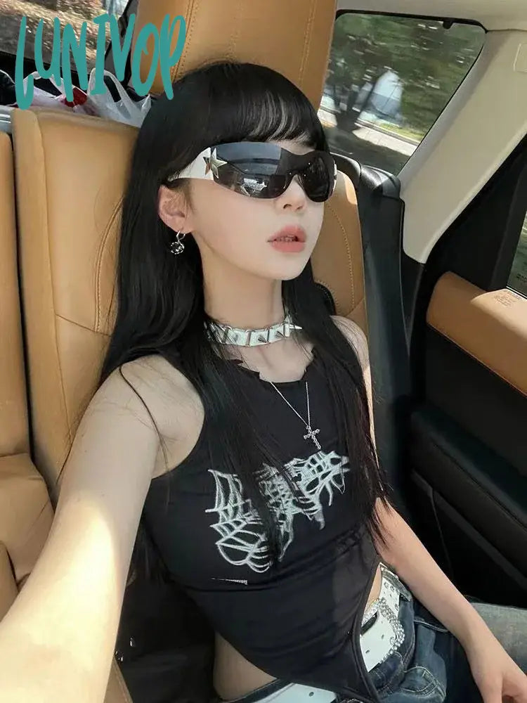 Lunivop American Punk Black Web Print Camisole Vests Summer New Slim Fit Lace Up T-Shirts Y2K