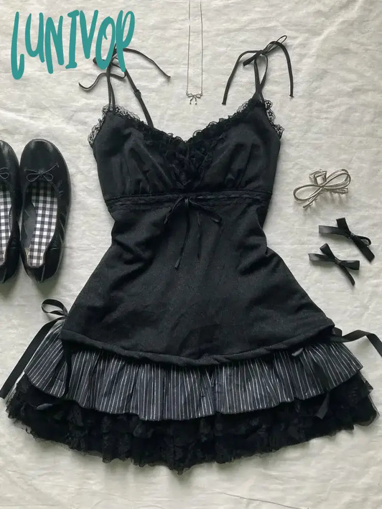 Lunivop American Retro Lace Suspenders Crop Top Cute And Sweet Summer Set Y2K Clothes Women