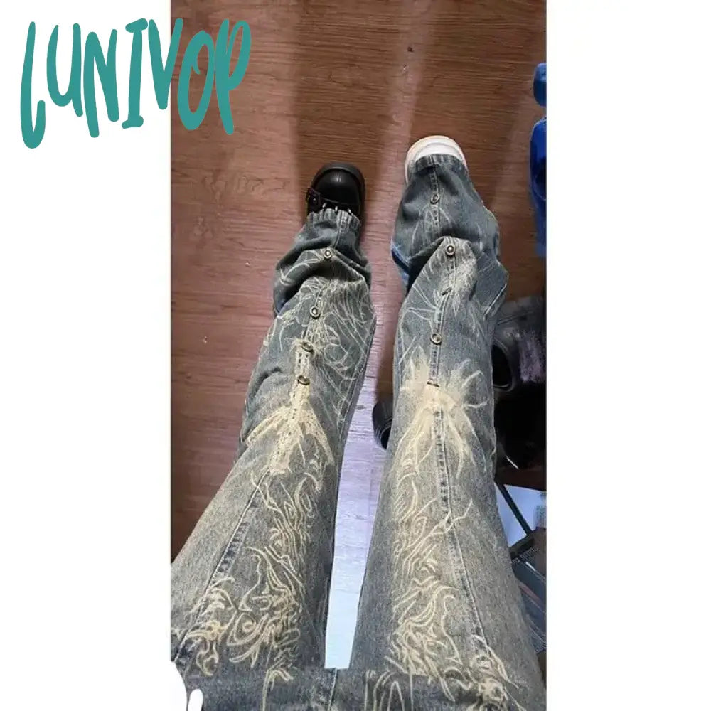 Lunivop American Spice Girl Jeans Women’s New High Street Vide Feng Shui Wash Old Rivet Loose
