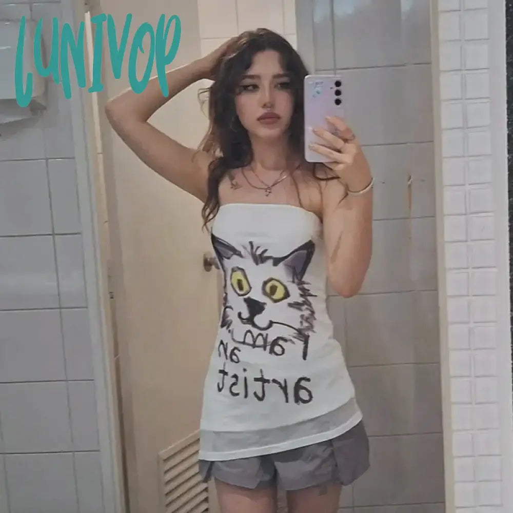 Lunivop American-Style Spicy Girl Kitten Letter Print Tops Slanted Edge Niche Design Mesh Bralette