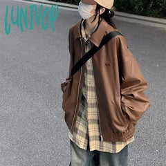 Lunivop American Vintage Brown Leather Jacket Women Oversize Streetwear Autumn Winter Moto Biker