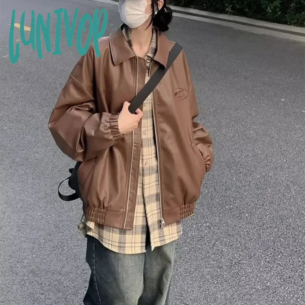 Lunivop American Vintage Brown Leather Jacket Women Oversize Streetwear Autumn Winter Moto Biker