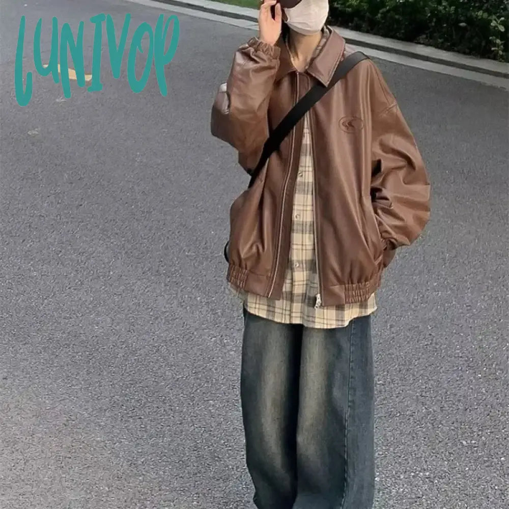 Lunivop American Vintage Brown Leather Jacket Women Oversize Streetwear Autumn Winter Moto Biker